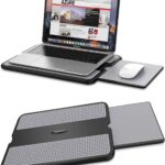 Gray AboveTEK portable lap desk with a laptop on top and the retractable mouse pad extended to the side.
