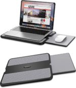 Gray AboveTEK portable lap desk with a laptop on top and the retractable mouse pad extended to the side.