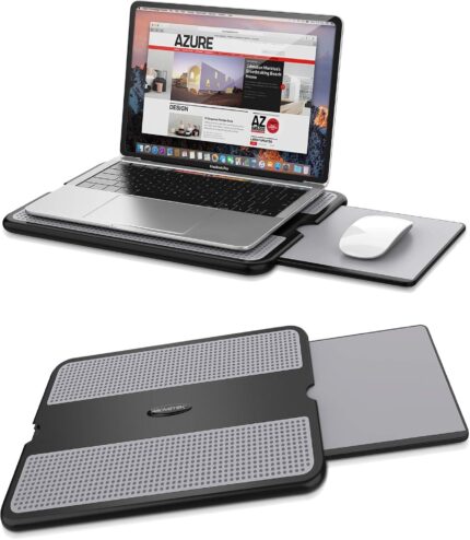 Gray AboveTEK portable lap desk with a laptop on top and the retractable mouse pad extended to the side.
