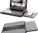 Gray AboveTEK portable lap desk with a laptop on top and the retractable mouse pad extended to the side.