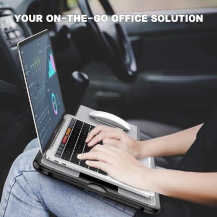 Gray AboveTEK portable lap desk with a laptop on top and the retractable mouse pad extended to the side.