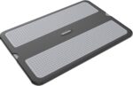 Gray AboveTEK portable lap desk with a laptop on top and the retractable mouse pad extended to the side.