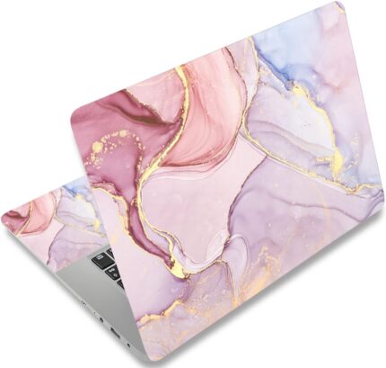 AORTDES Colorful Marble laptop skin decal applied to a silver laptop, showcasing the vibrant marbled pattern.