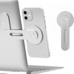 Silver CloudValley magnetic phone holder attached to a laptop screen with a smartphone mounted on it.