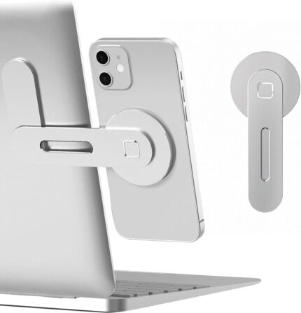 Silver CloudValley magnetic phone holder attached to a laptop screen with a smartphone mounted on it.