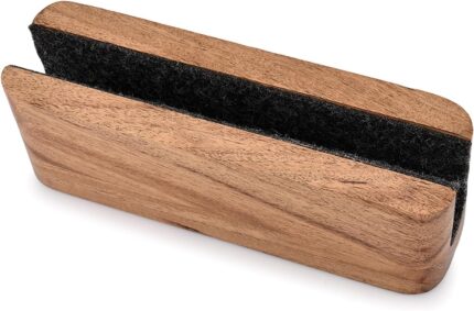 EDHAS vertical laptop stand made of light acacia wood, holding a silver laptop on a clean desk.