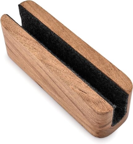 EDHAS vertical laptop stand made of light acacia wood, holding a silver laptop on a clean desk.