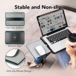 EHO Laptop Lap Pad in black and gray, shown with a laptop on a bed, with the retractable mouse pad extended.