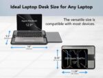 EHO Laptop Lap Pad in black and gray, shown with a laptop on a bed, with the retractable mouse pad extended.