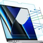 Two transparent F FORITO anti-blue light matte screen protectors for a MacBook Pro 14-inch laptop, shown ready for installati