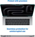 Two transparent F FORITO anti-blue light matte screen protectors for a MacBook Pro 14-inch laptop, shown ready for installati