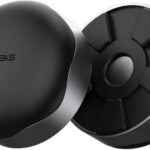 Two gray Hagibis magnetic laptop cooling ball stands, shown separately and attached to a laptop for elevation.