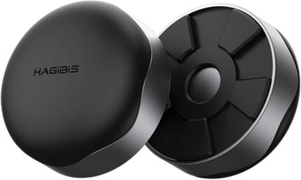 Two gray Hagibis magnetic laptop cooling ball stands, shown separately and attached to a laptop for elevation.