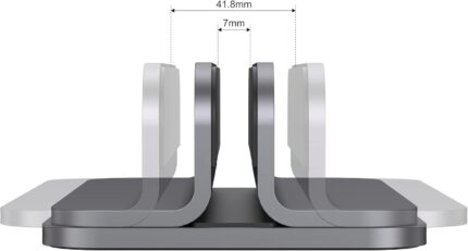 Spacegrey aluminum vertical laptop stand holding a MacBook Pro, showcasing its sleek design and desktop organization.