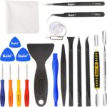 Kaisi 20-piece electronics repair kit with various metal and nylon pry tools, screwdrivers, and tweezers laid out