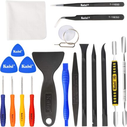 Kaisi 20-piece electronics repair kit with various metal and nylon pry tools, screwdrivers, and tweezers laid out