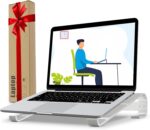 A silver KYQEE aluminum laptop stand on a desk, holding an open laptop at a 17-degree angle, showing its ventilation.