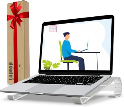 A silver KYQEE aluminum laptop stand on a desk, holding an open laptop at a 17-degree angle, showing its ventilation.