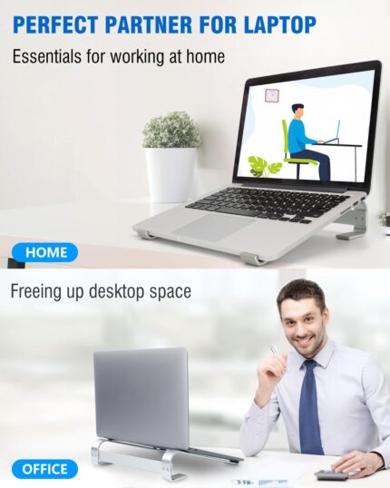 A silver KYQEE aluminum laptop stand on a desk, holding an open laptop at a 17-degree angle, showing its ventilation.
