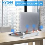 A silver KYQEE aluminum laptop stand on a desk, holding an open laptop at a 17-degree angle, showing its ventilation.
