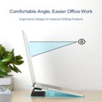 Black Psitek portable laptop cooling stand, made of aluminum, shown elevating a laptop on a desk surface.
