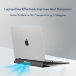 Black Psitek portable laptop cooling stand, made of aluminum, shown elevating a laptop on a desk surface.