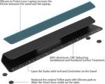 Black Psitek portable laptop cooling stand, made of aluminum, shown elevating a laptop on a desk surface.