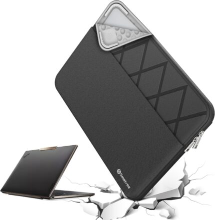 Elite-Black Smatree 16 inch laptop sleeve with a geometric pattern, shown with a detachable accessory pocket.