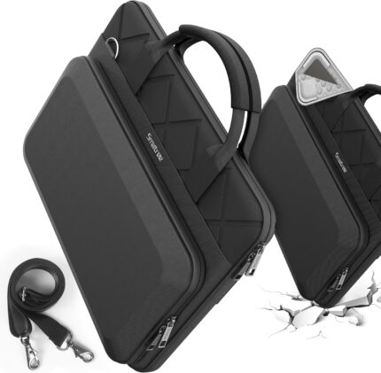 Black Smatree CityShield laptop shoulder bag with a 15-16 inch laptop inside, showing the hard shell pocket.