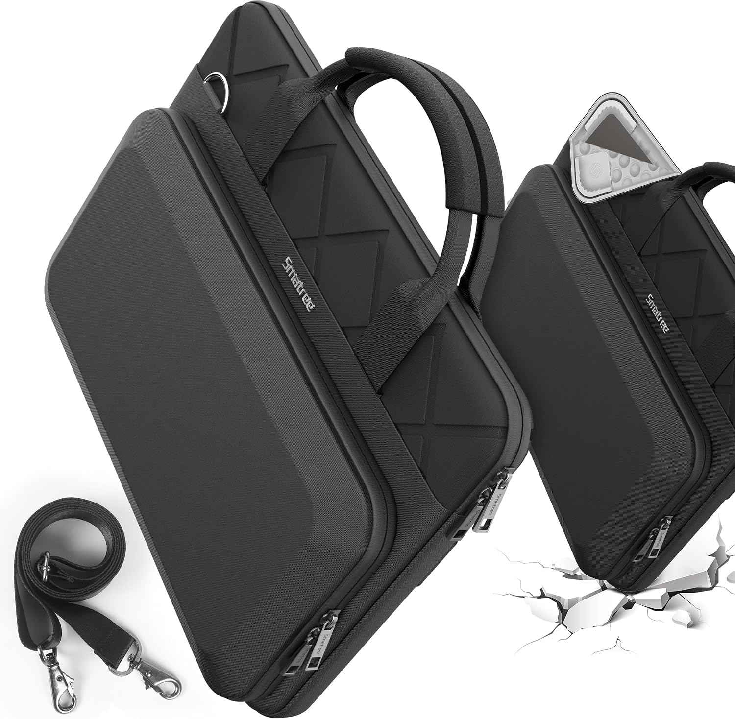 smatree-cityshield-15-16-inch-laptop-shoulder-bag-water-resistant-sleeve-black-01 Black Smatree CityShield laptop shoulder bag with a 15-16 inch laptop inside, showing the hard shell pocket.