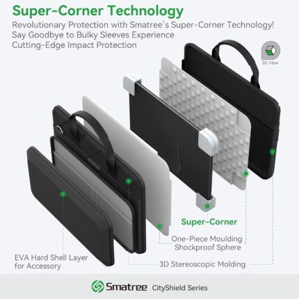 Black Smatree CityShield laptop shoulder bag with a 15-16 inch laptop inside, showing the hard shell pocket.