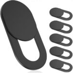 Image shows a 6-pack of black Toojcc ultra-thin laptop camera cover slides, some applied to various devices.