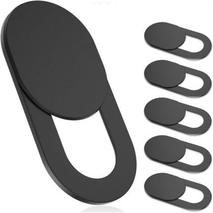 Image shows a 6-pack of black Toojcc ultra-thin laptop camera cover slides, some applied to various devices.