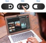Image shows a 6-pack of black Toojcc ultra-thin laptop camera cover slides, some applied to various devices.