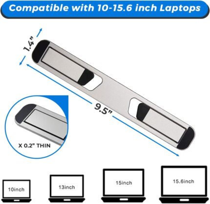 Silver Triyards portable self-adhesive aluminum laptop riser folded and unfolded, attached to a laptop.