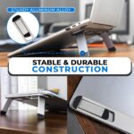 Silver Triyards portable self-adhesive aluminum laptop riser folded and unfolded, attached to a laptop.
