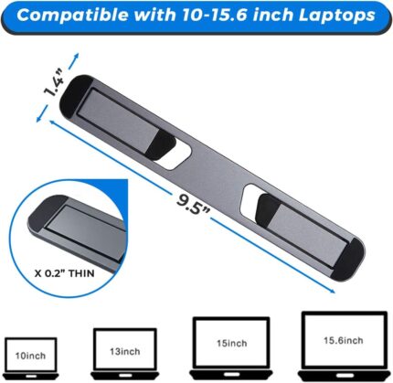 Space Grey Triyards self-adhesive foldable laptop stand attached to the underside of a laptop, elevating it.
